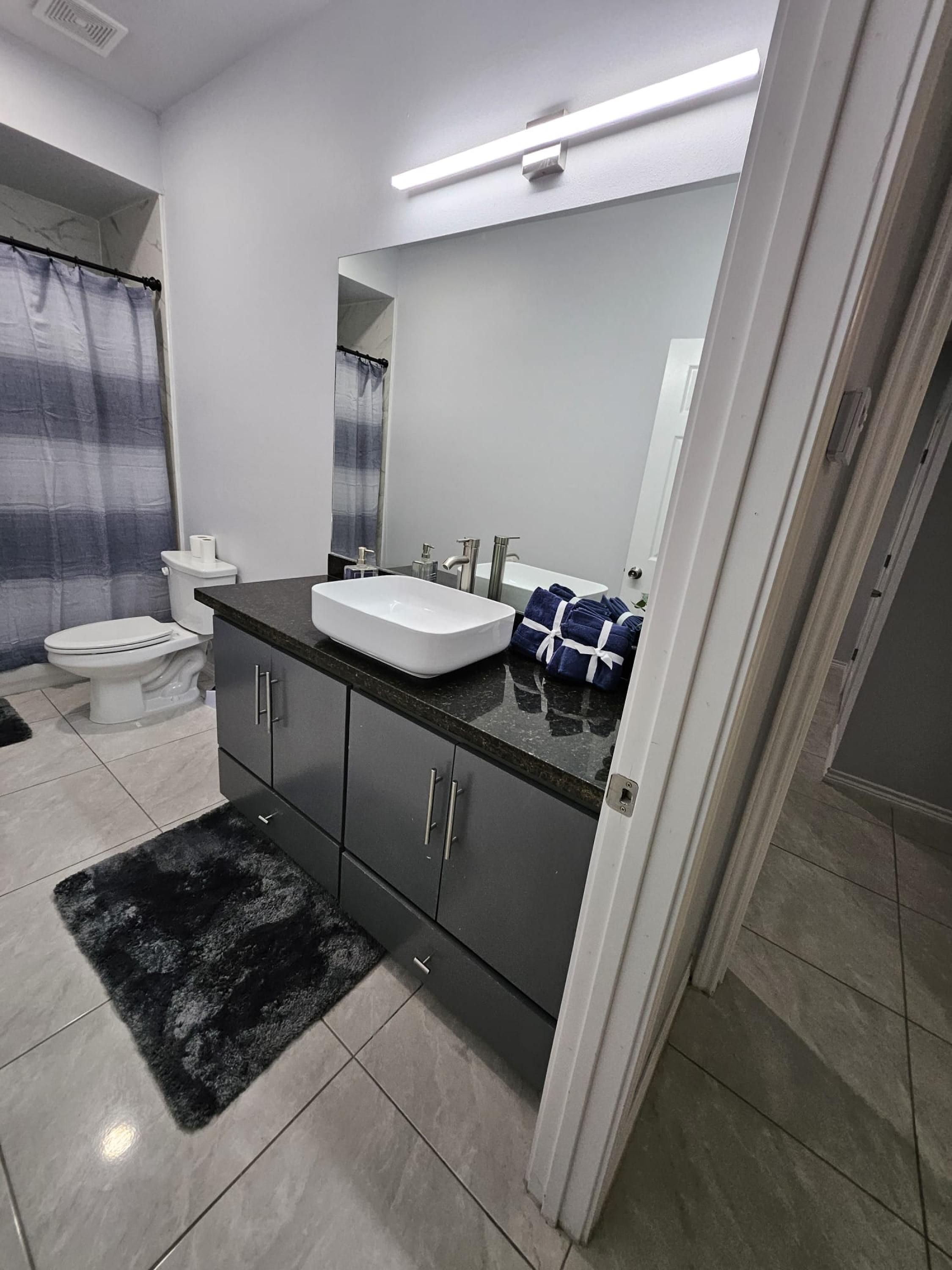 A modern bathroom with a white sink, dark cabinets, and a black rug.