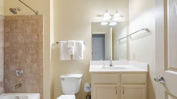 Hair dryer, towels, soap, shampoo