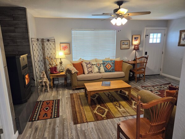 Smart TV, chimenea, reproductor de DVD y videoteca 