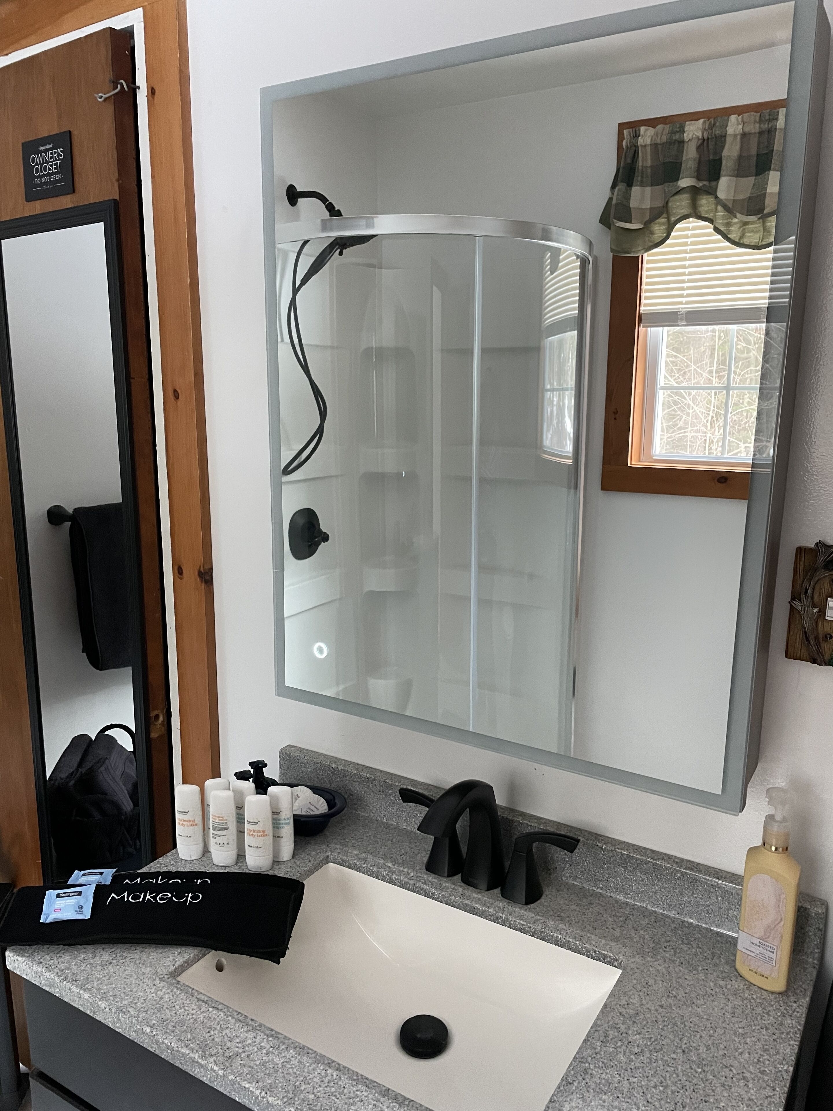 Hair dryer, towels, soap, shampoo