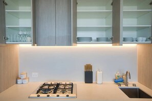 Frigorífico, microondas, horno y placa de cocina