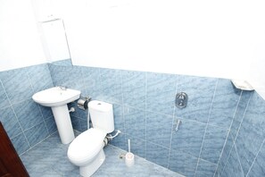 Shower, free toiletries, slippers, bidet