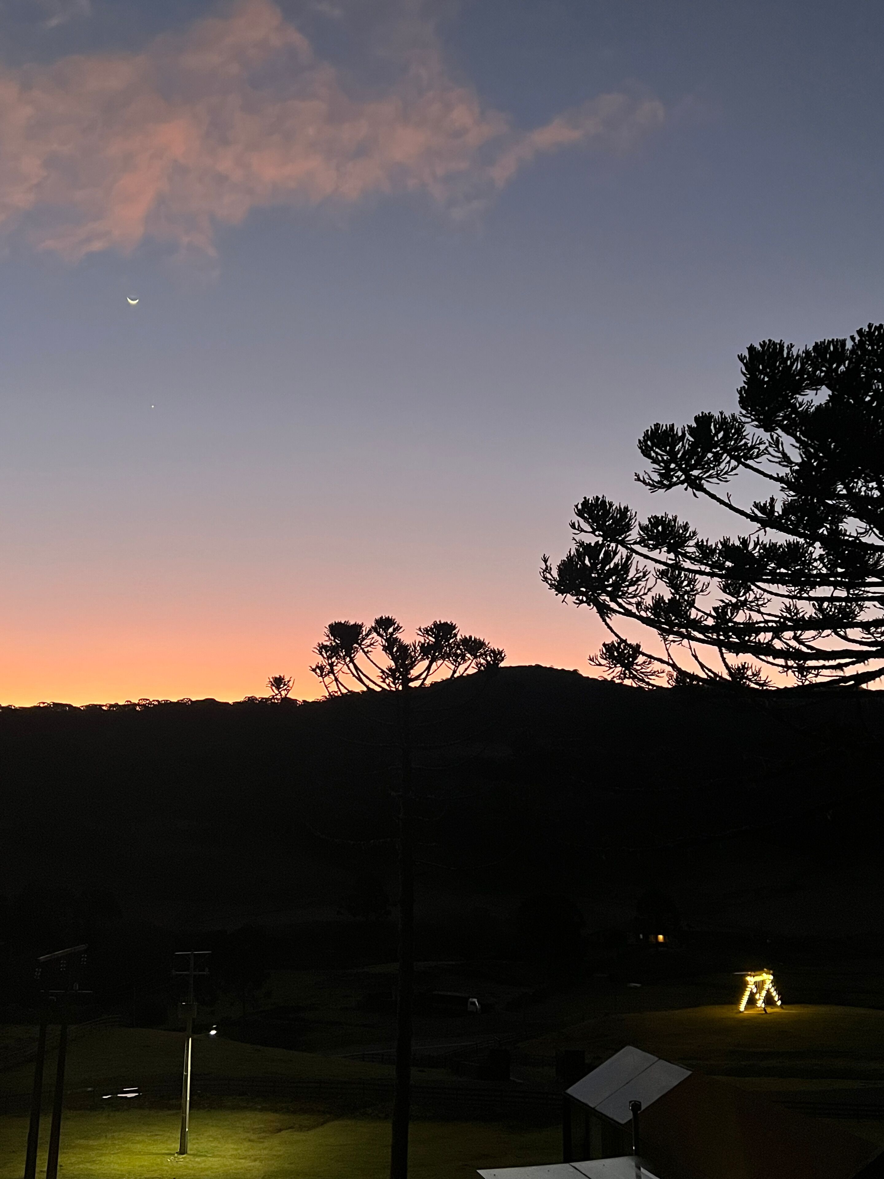 A nighttime landscape with a crescent moon, a star, and a silhouette of trees against a twilight sky.