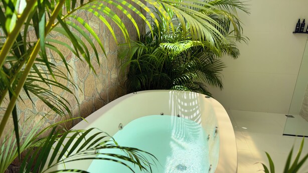 A spa area with a hot tub surrounded by lush green plants. - Casa com Piscina Privativa e Hidromassagem #2 (Tibau do Sul)