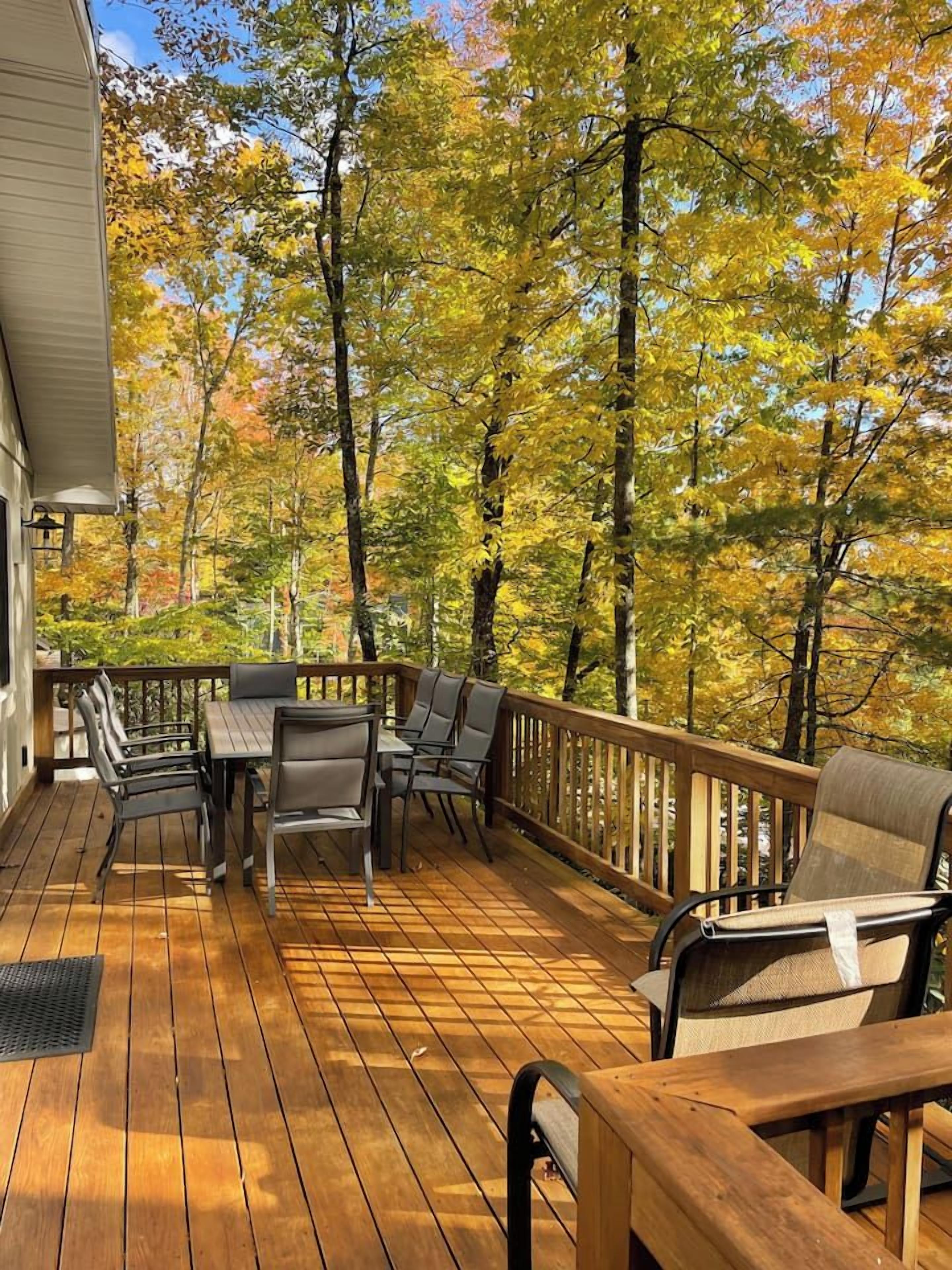 Une terrasse en bois avec une table et des chaises, entourée d’arbres aux feuilles d’automne.