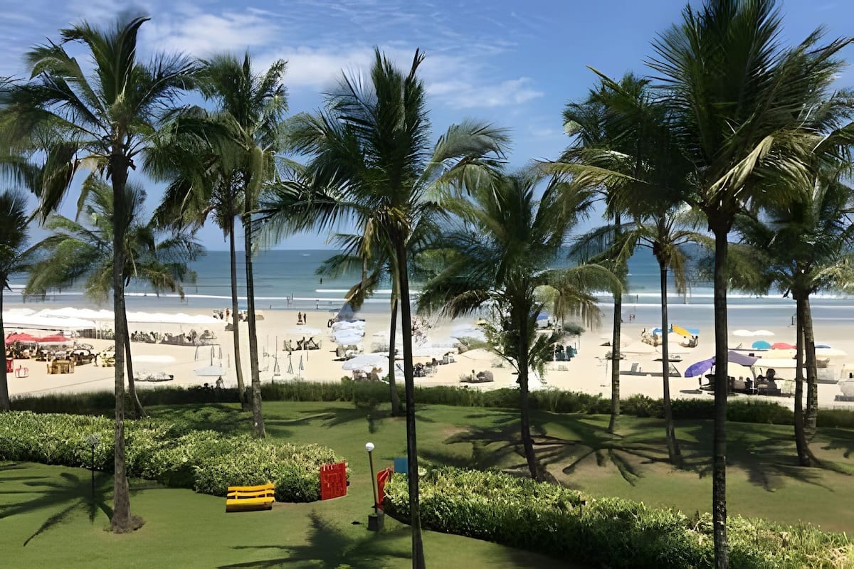 A beach view with palm trees, a golf course, and a sandy beach area.
