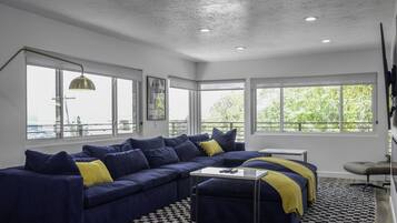 Smart TV, fireplace, books