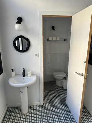 Hair dryer, towels, soap, toilet paper