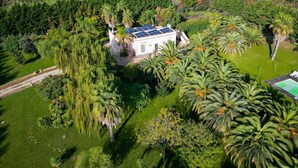 A white house with solar panels, surrounded by lush greenery and palm trees.