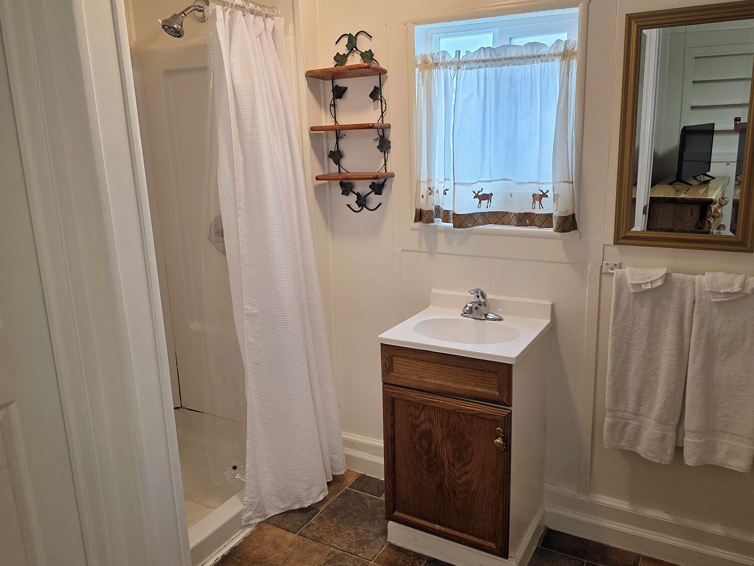 A bathroom with a shower, a sink, a mirror, and a window with curtains.