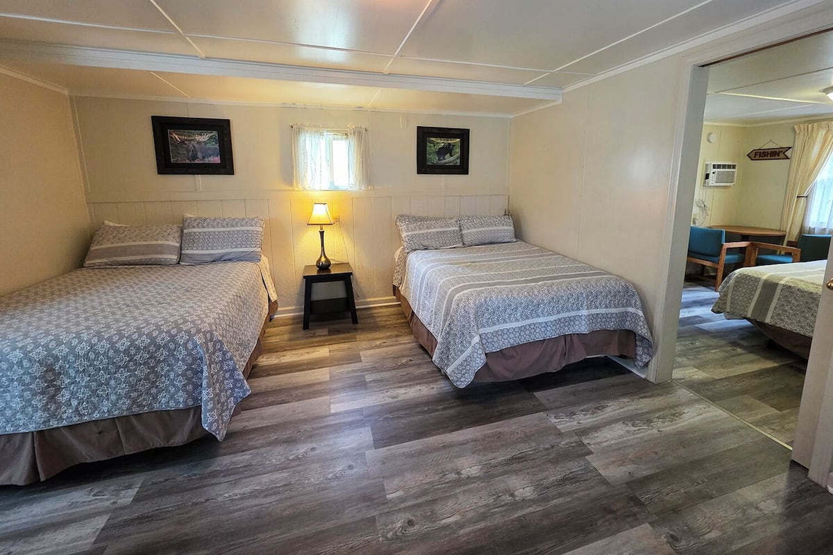 A room with two beds, a nightstand with a lamp, and a mirror.