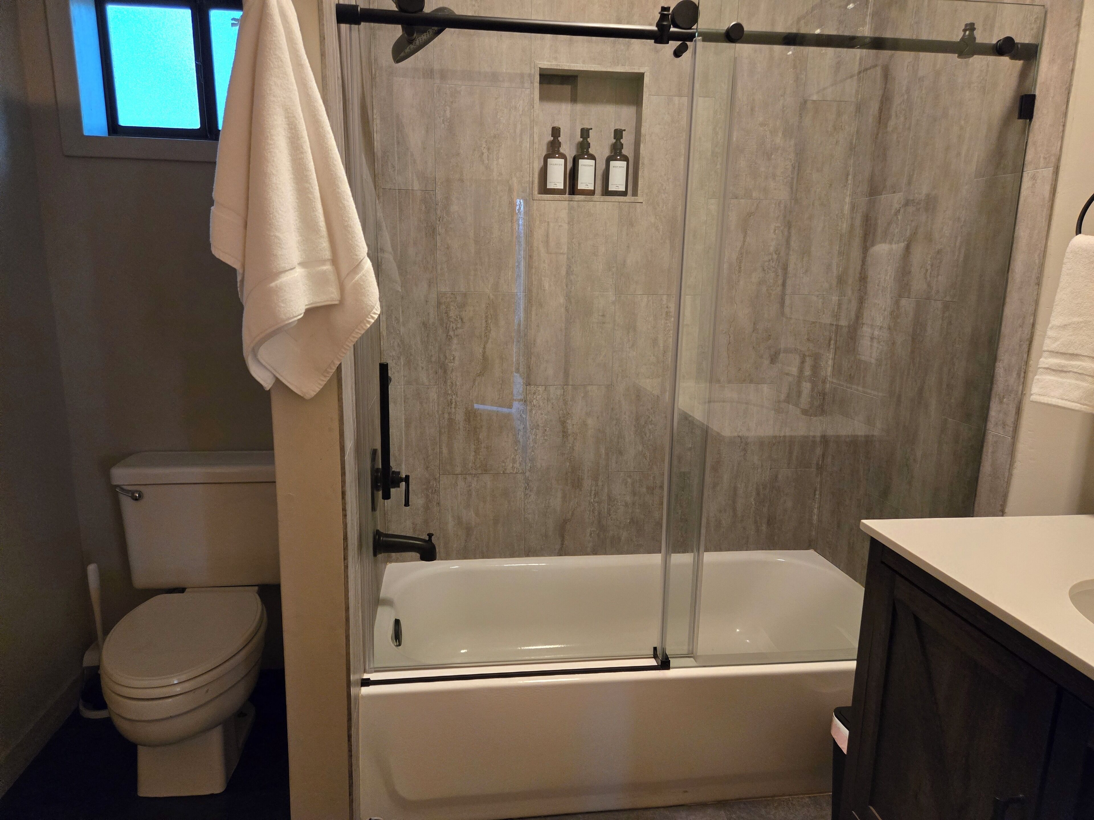 A bathroom with a glass-enclosed shower, a toilet, and a sink.