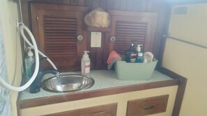 A compact kitchenette with a stainless steel sink, a white bottle, a power stick, and a green container. - sailboat on the bay ,close to South Beach and Winwood. (Miami)