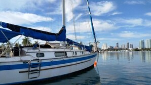 A sailboat docked at a marina with a city skyline in the background. - sailboat on the bay ,close to South Beach and Winwood. (Miami)