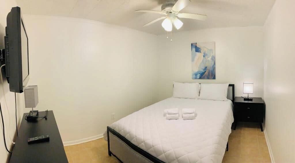 A bedroom with a bed, a ceiling fan, a painting, a nightstand, a lamp, and a TV.