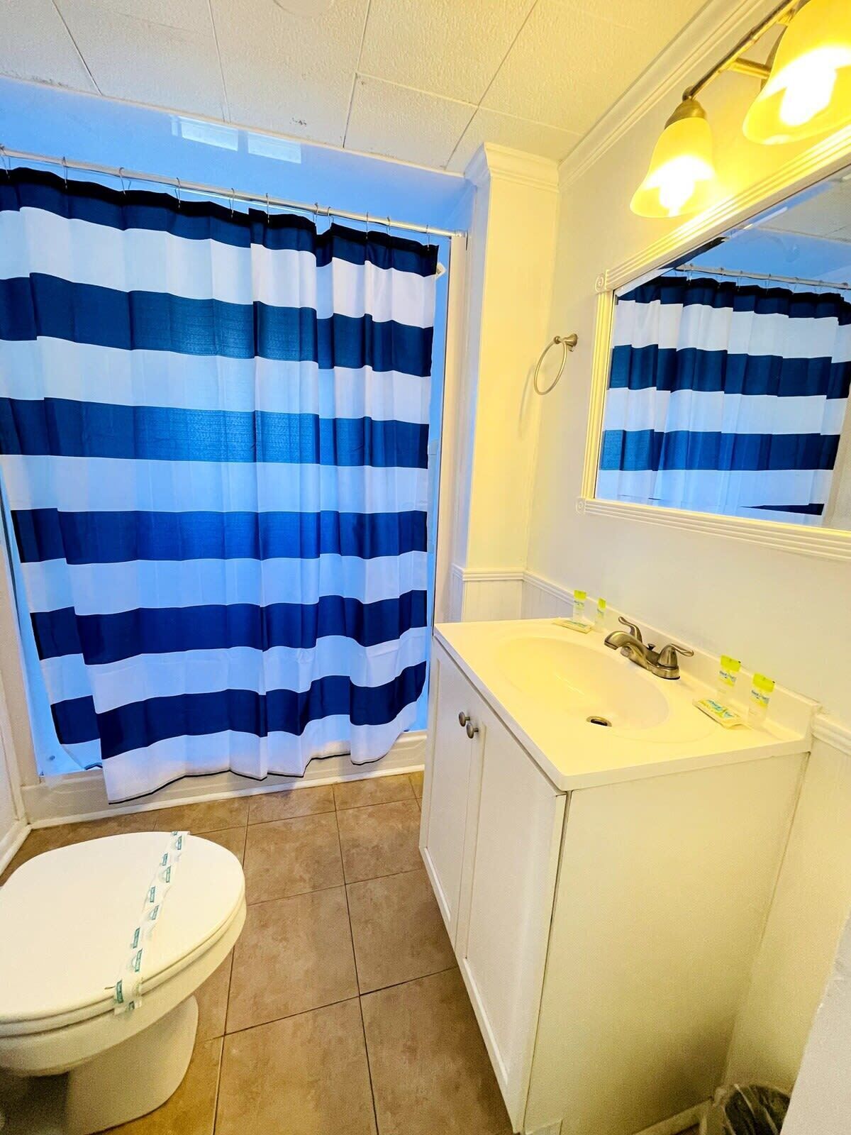 A bathroom with a striped shower curtain, a toilet, a sink with a mirror, and a trash bin.