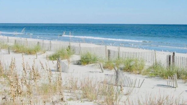 A beach with a wooden fence and sand dunes.