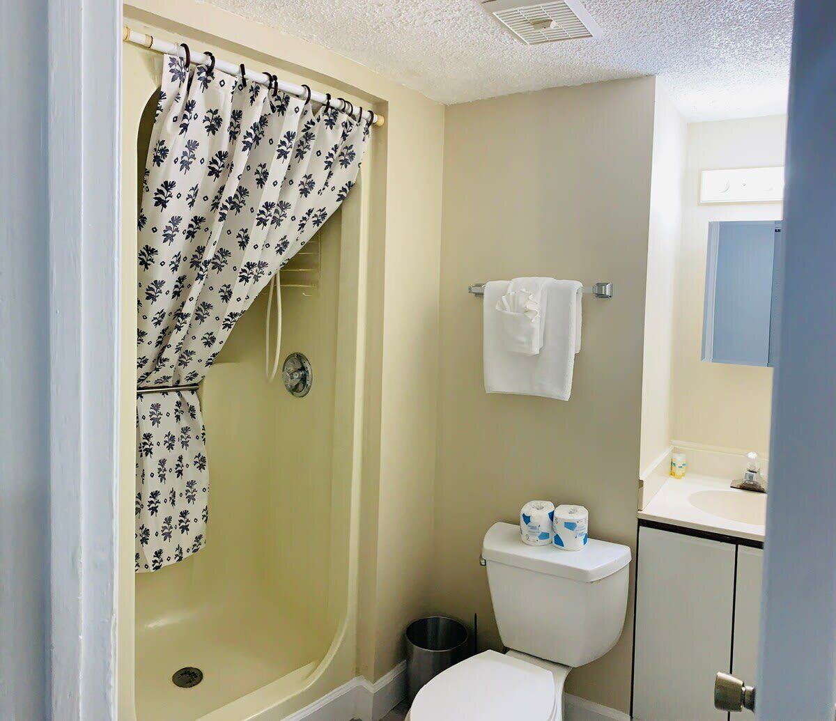 A bathroom with a shower, toilet, and sink.