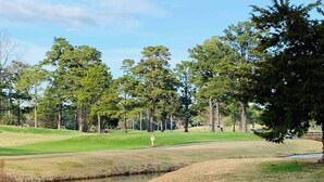 Un campo da golf con uno stagno, alberi e cielo sereno.