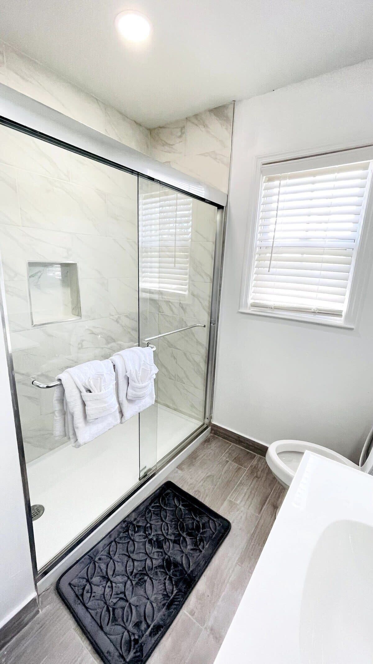 Shower, hair dryer, towels