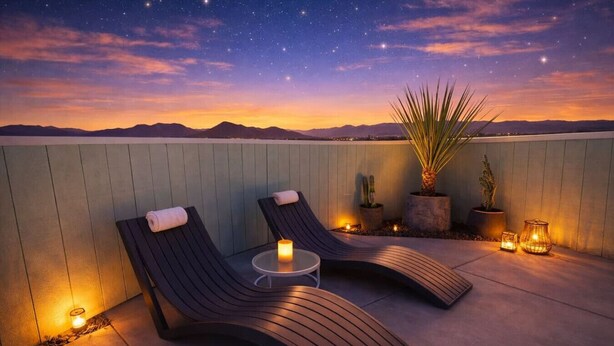 Una terraza en la azotea con dos sillones, una mesita y plantas en macetas.