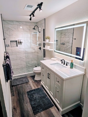 Shower, hair dryer, bidet, towels