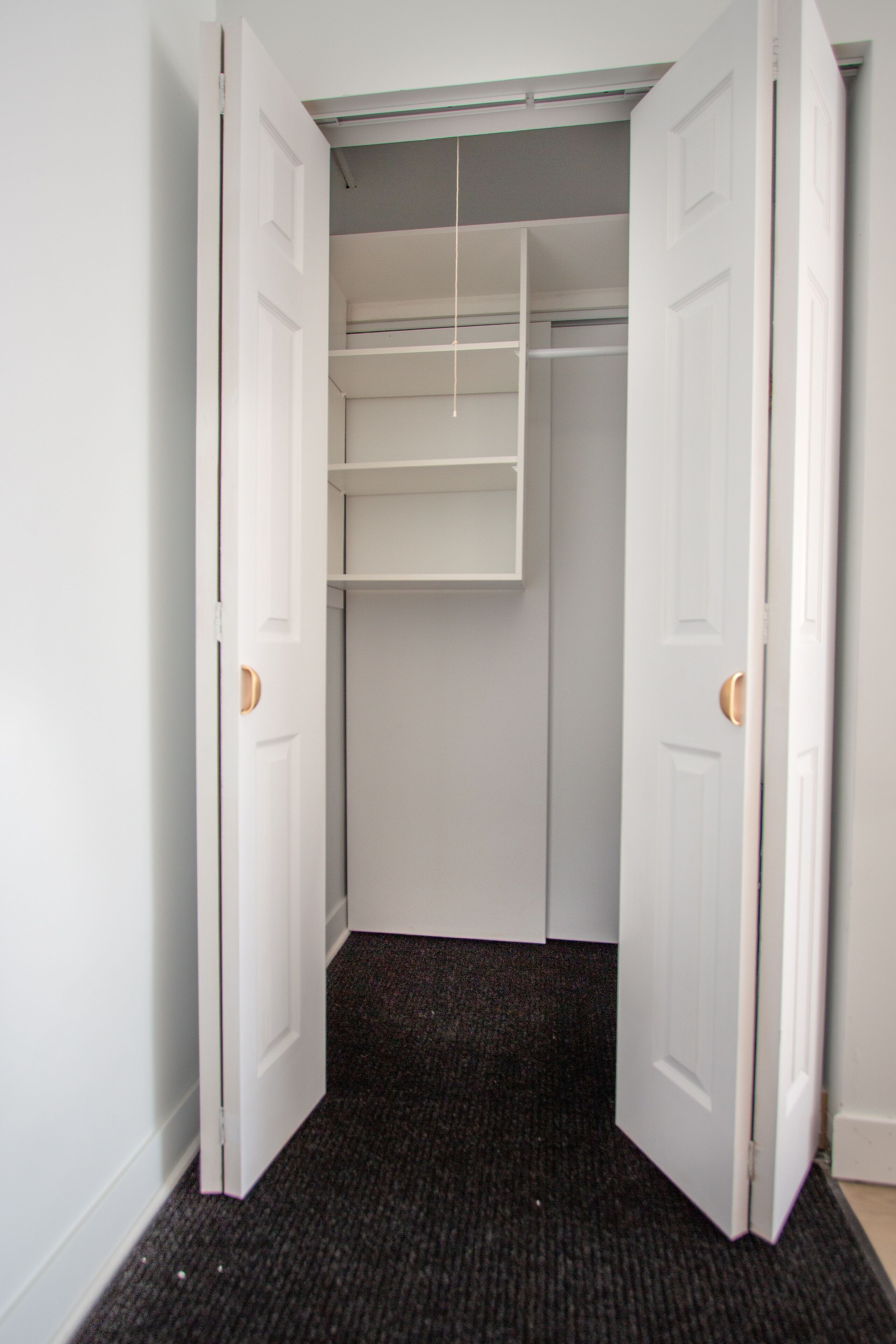 A hallway with a carpeted floor, white doors, and a closet with shelves.