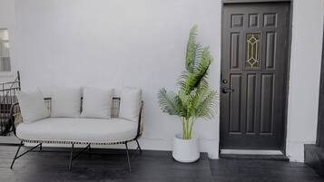 A white sofa with cushions, a potted plant, and a dark door with a geometric pattern.