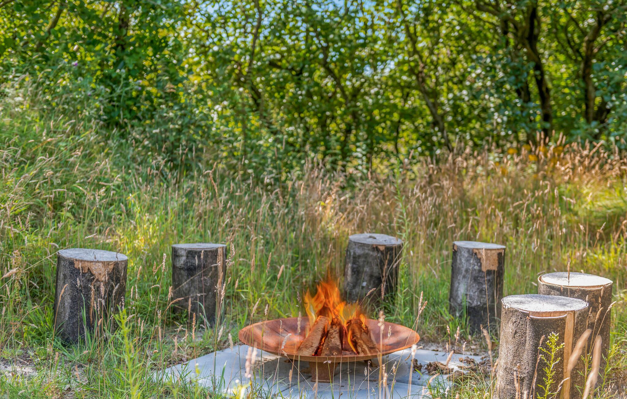 Ein Lagerfeuer in einer grasbewachsenen Landschaft mit Bäumen im Hintergrund.