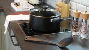 A kitchen with a stove, a pot, a kettle, a spoon, and two salt shakers on the counter. - Aparthotel Rotheul (Föritztal)