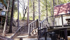 A wooden staircase leading up to a deck with a metal railing, surrounded by tall trees. - Cozy retreat near Dodge Ridge Ski Resort, and Pinecrest Lake with fast Wi-Fi  (Cold Springs)