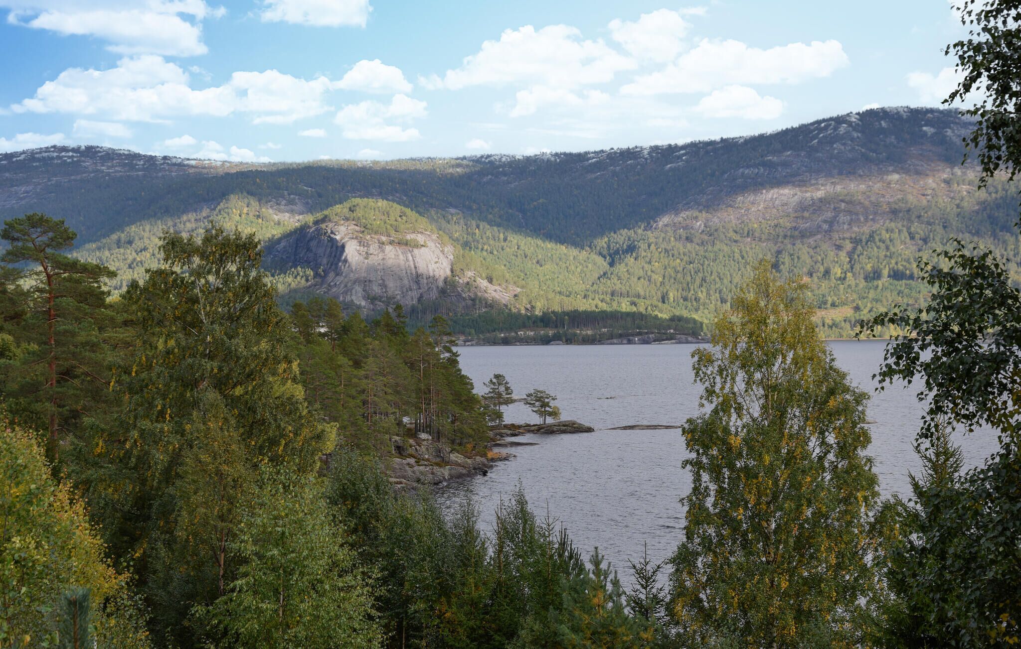A mountainous landscape with a lake surrounded by dense forests.