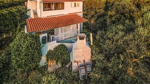 Une maison à deux étages, dotée de panneaux solaires sur le toit et entourée d’une végétation luxuriante.