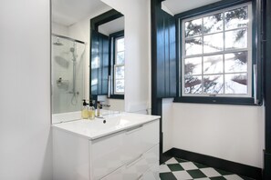 Shower, hair dryer, towels