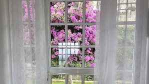 Een kamer met een groot raam, witte gordijnen en een houten vloer.