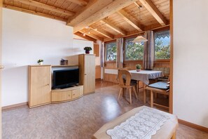 A wooden interior with a television on a stand, a dining table with chairs, and a window with curtains.