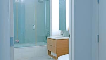 Hair dryer, towels, soap, toilet paper