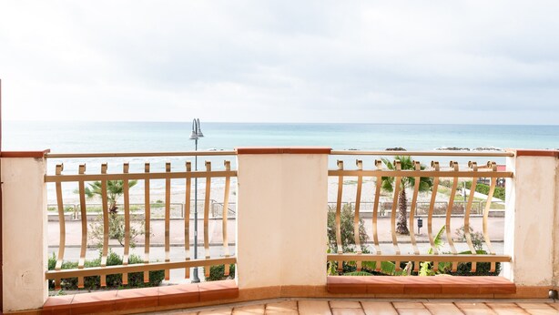 Ein Balkon mit Meerblick, Geländer und etwas Grün.