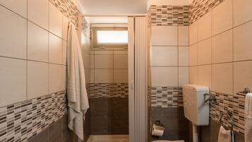 Shower, hair dryer, towels