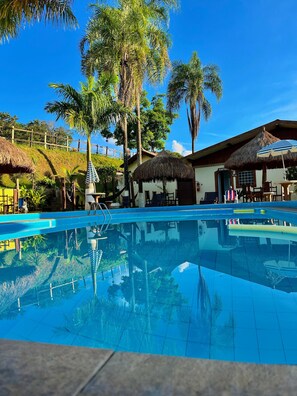 A swimming pool with clear water, surrounded by palm trees and a thatched-roof building. - Pousada Pé da Serra  (Lindoia)