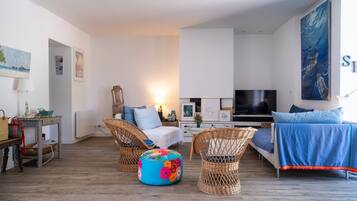 Televisión, chimenea, reproductor de DVD