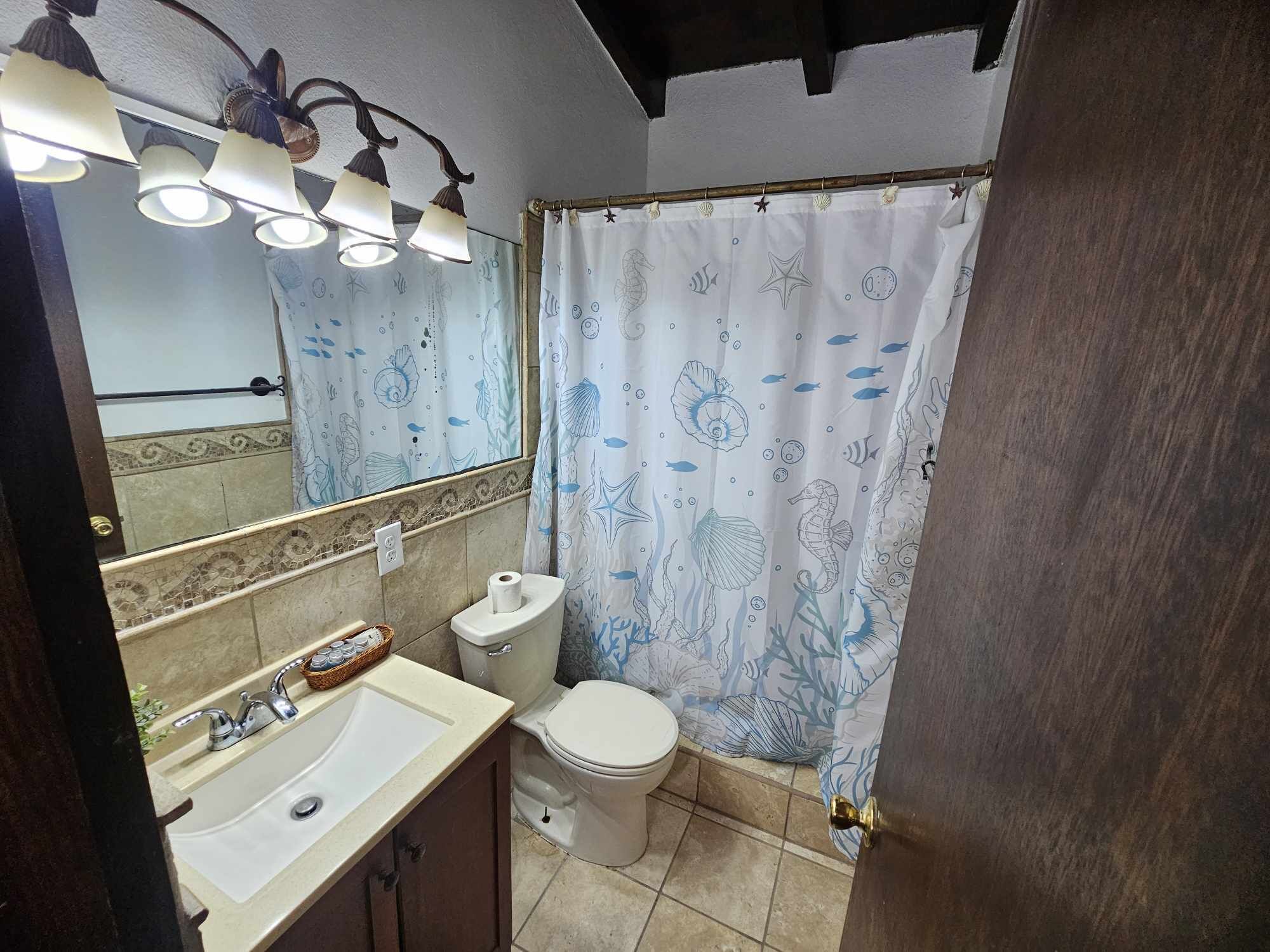 A bathroom with a sink, toilet, and shower curtain with marine life patterns.
