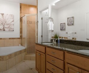 Jetted bath, hair dryer, towels, soap