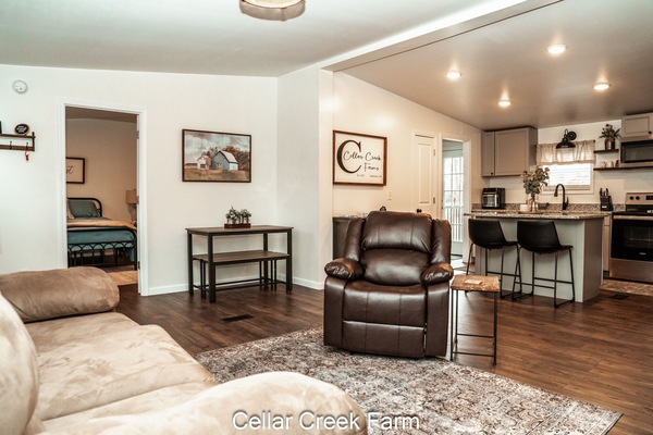 Smart-TV, peis, bøker og stereoanlegg