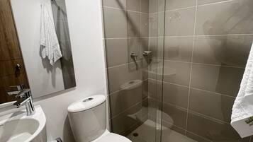 Regadera, toallas, jabón, papel de baño