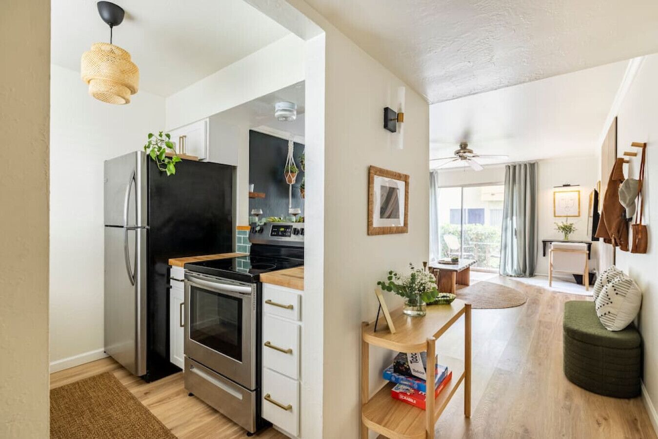 Fridge, dishwasher, coffee/tea maker, cookware/dishes/utensils