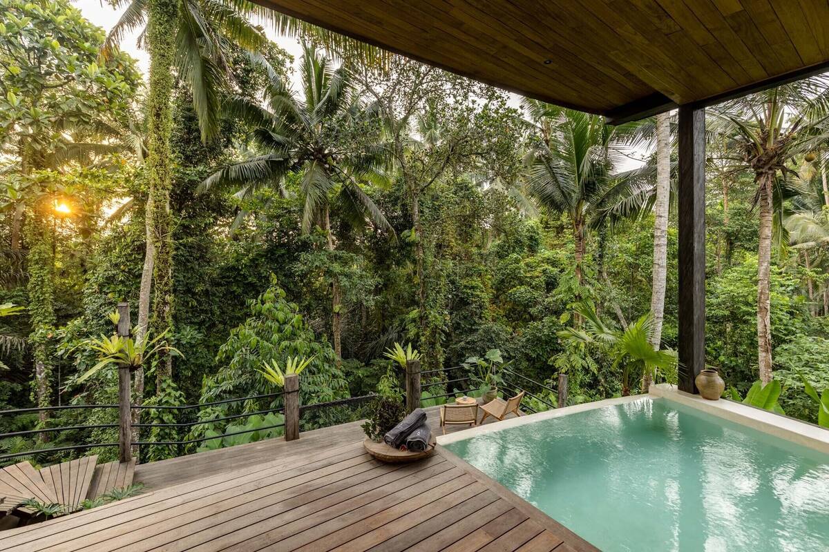 A wooden deck with a pool, surrounded by lush tropical vegetation.