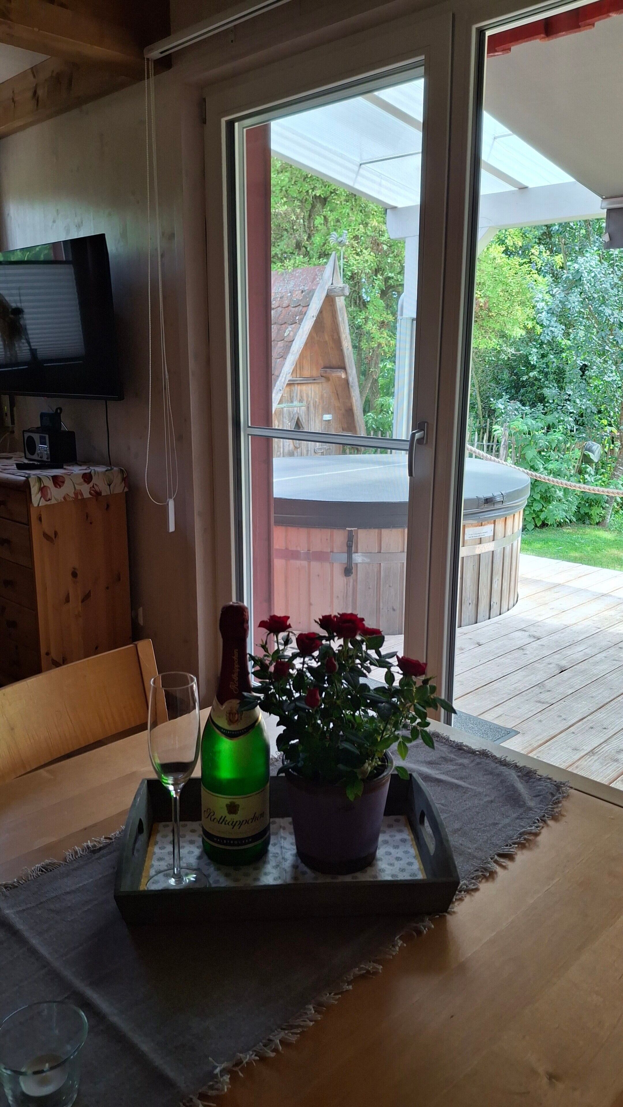 Een kamer met een schuifglasdeur die uitkomt op een terras, een aan de muur bevestigde televisie, een houten kast, een tafel met een biertje, een glas en een potplant.