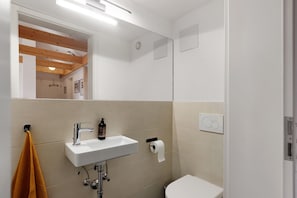 A bathroom with a white sink, a toilet, and a mirror. There is a towel hanging on the wall and a bottle of soap on the sink.