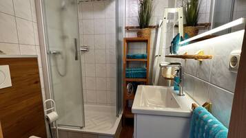 Shower, hair dryer, towels